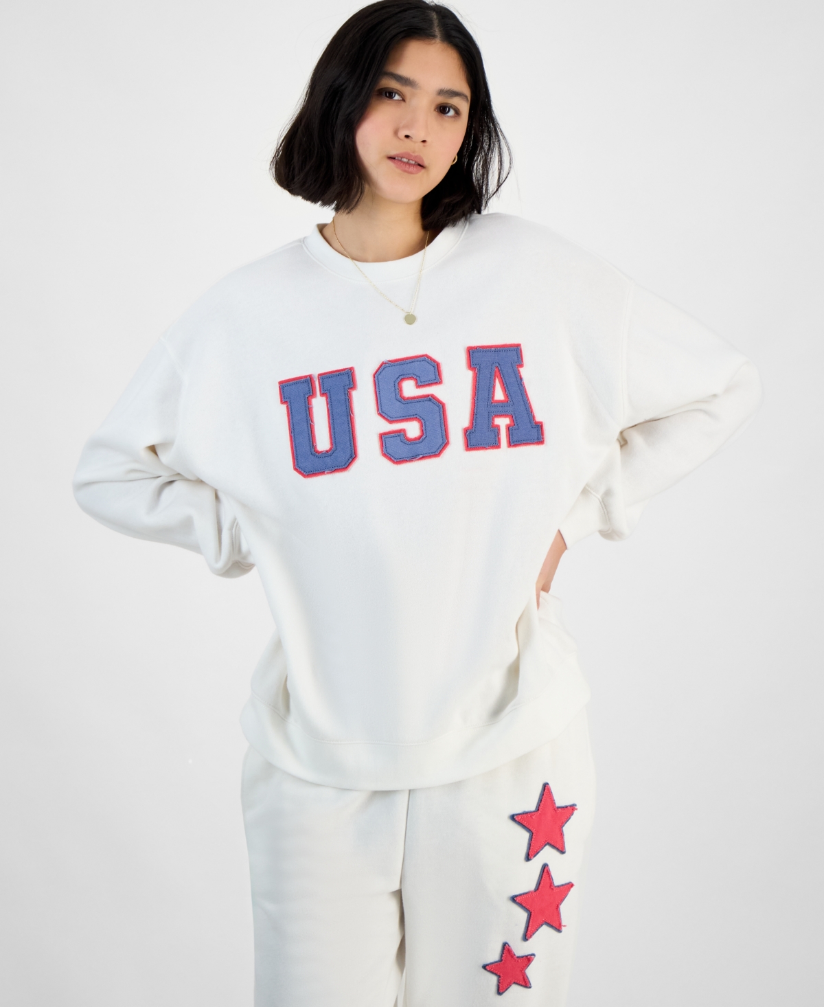 Juniors' Patch Crewneck Fleece Sweatshirt - Navy Blazer