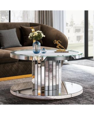 Mirrored Coffee Table, 29.5" Round Living Room Table, Modern 2-Tier Silver Coffee Table Center Table for Living Room