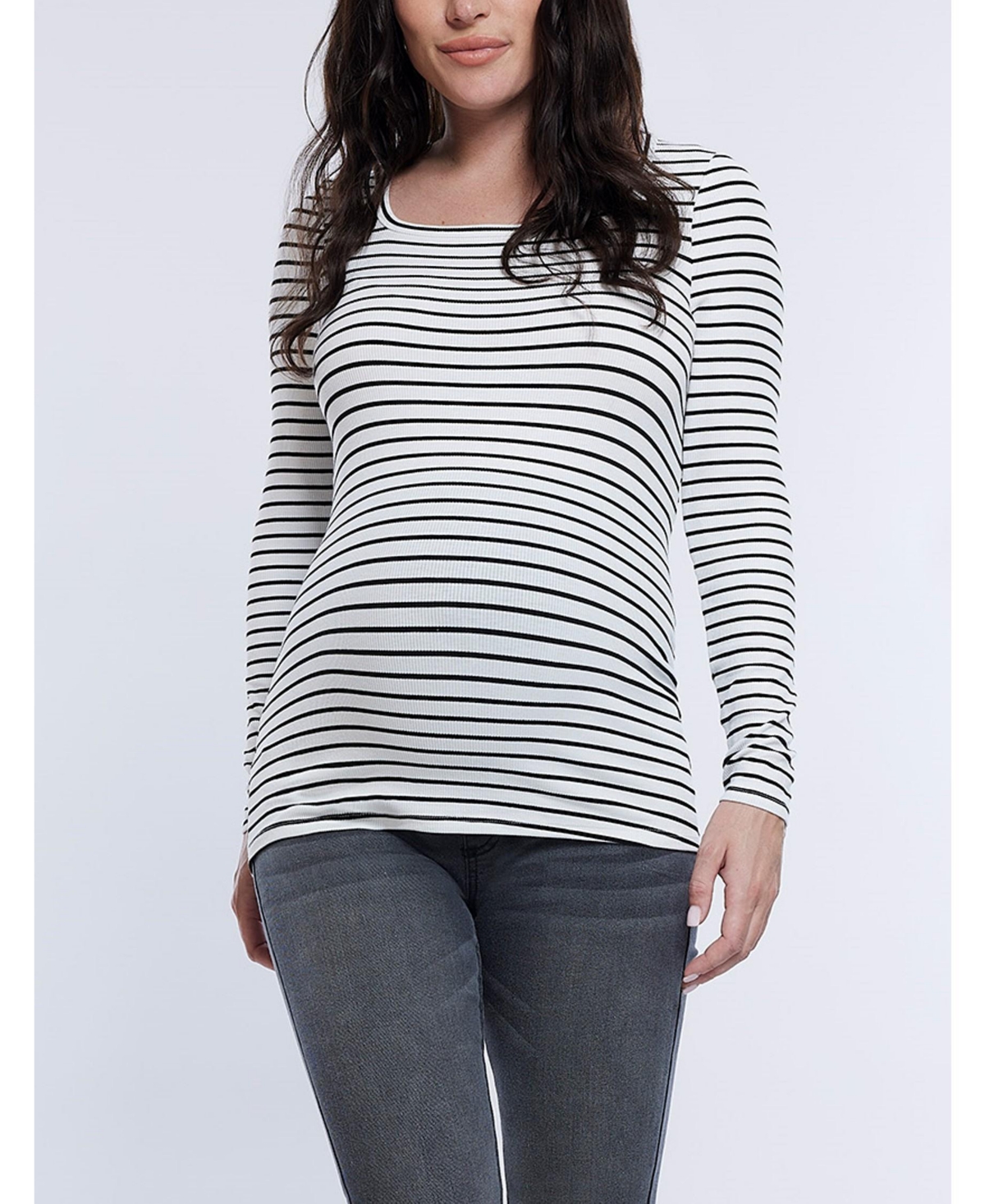 Motherhood Maternity Maternity Square Neck Rib Knit Long Sleeve Tee - Motherhood - White/black stripe