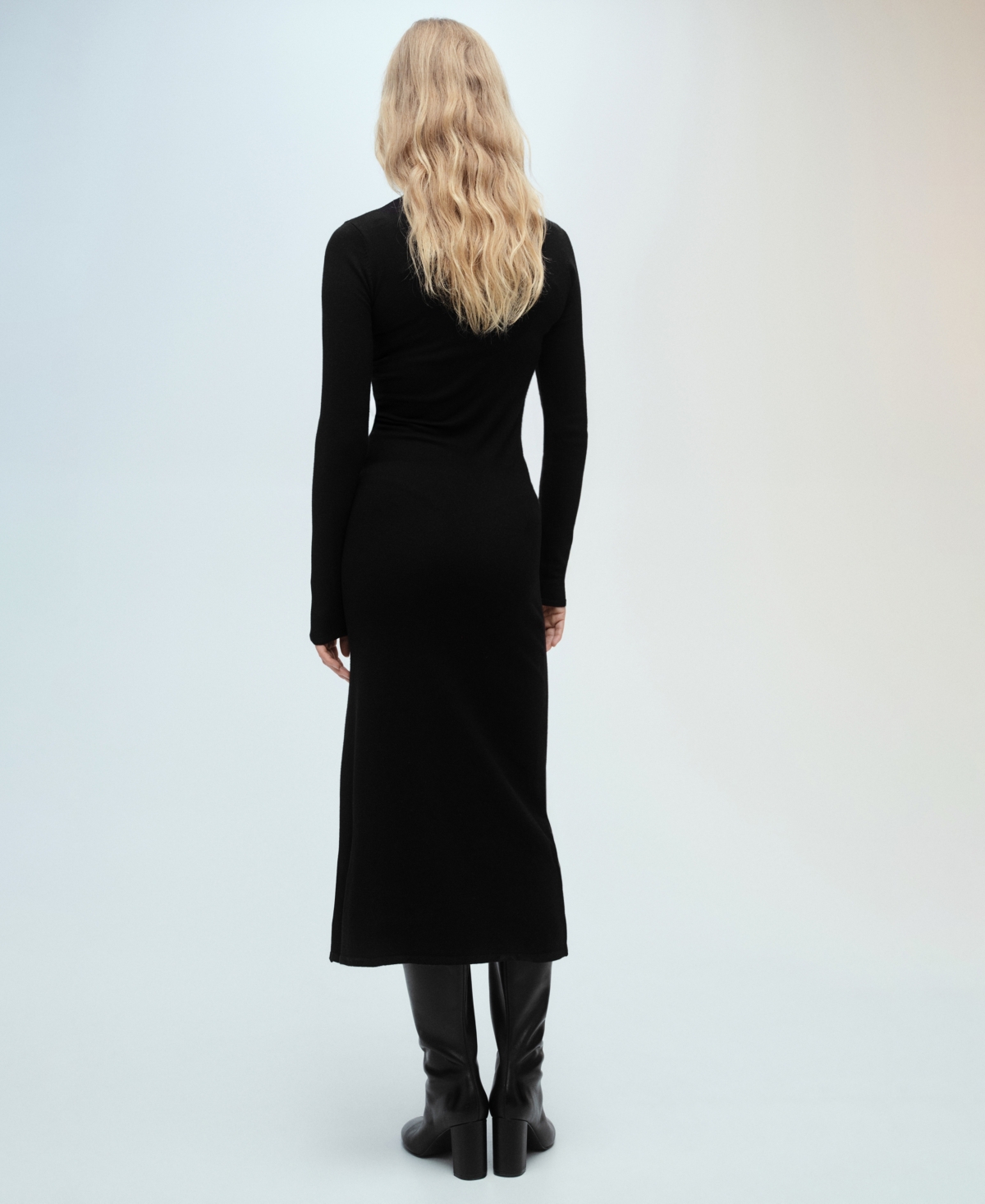 Mango Side Slit Knit Dress Black In Black