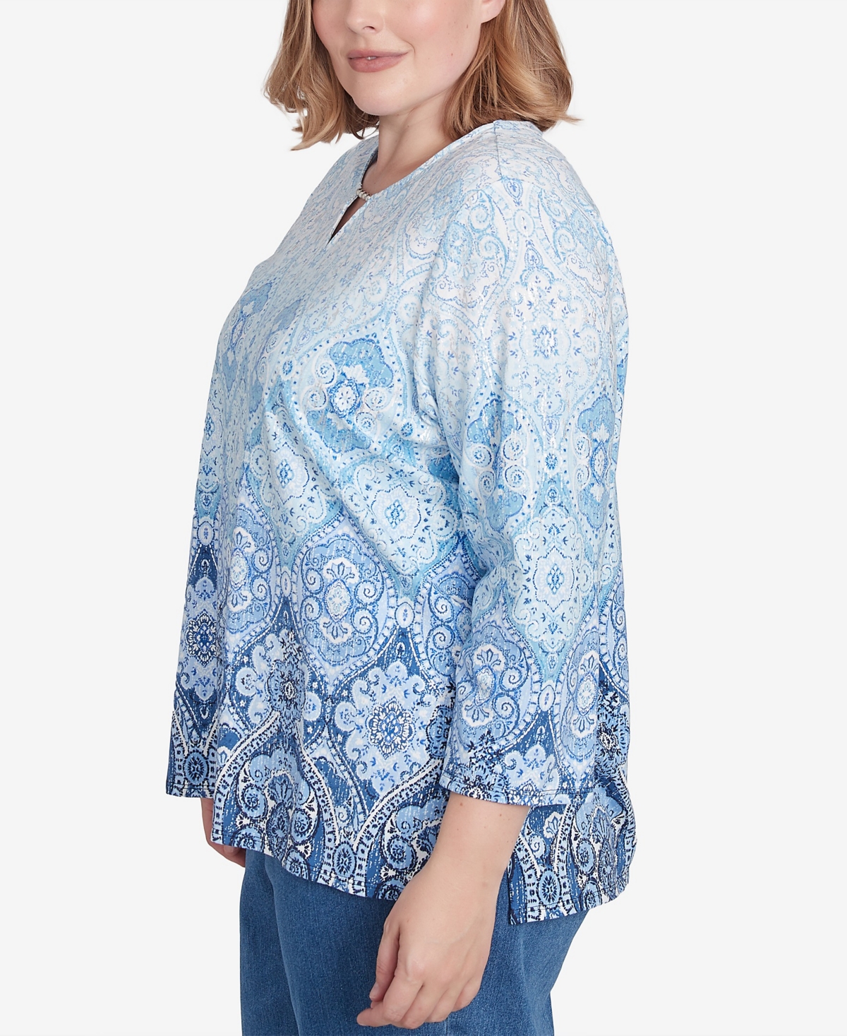 Alfred Dunner Plus Size Classic Split Beaded Neck Ombre Medallion Top In Navy