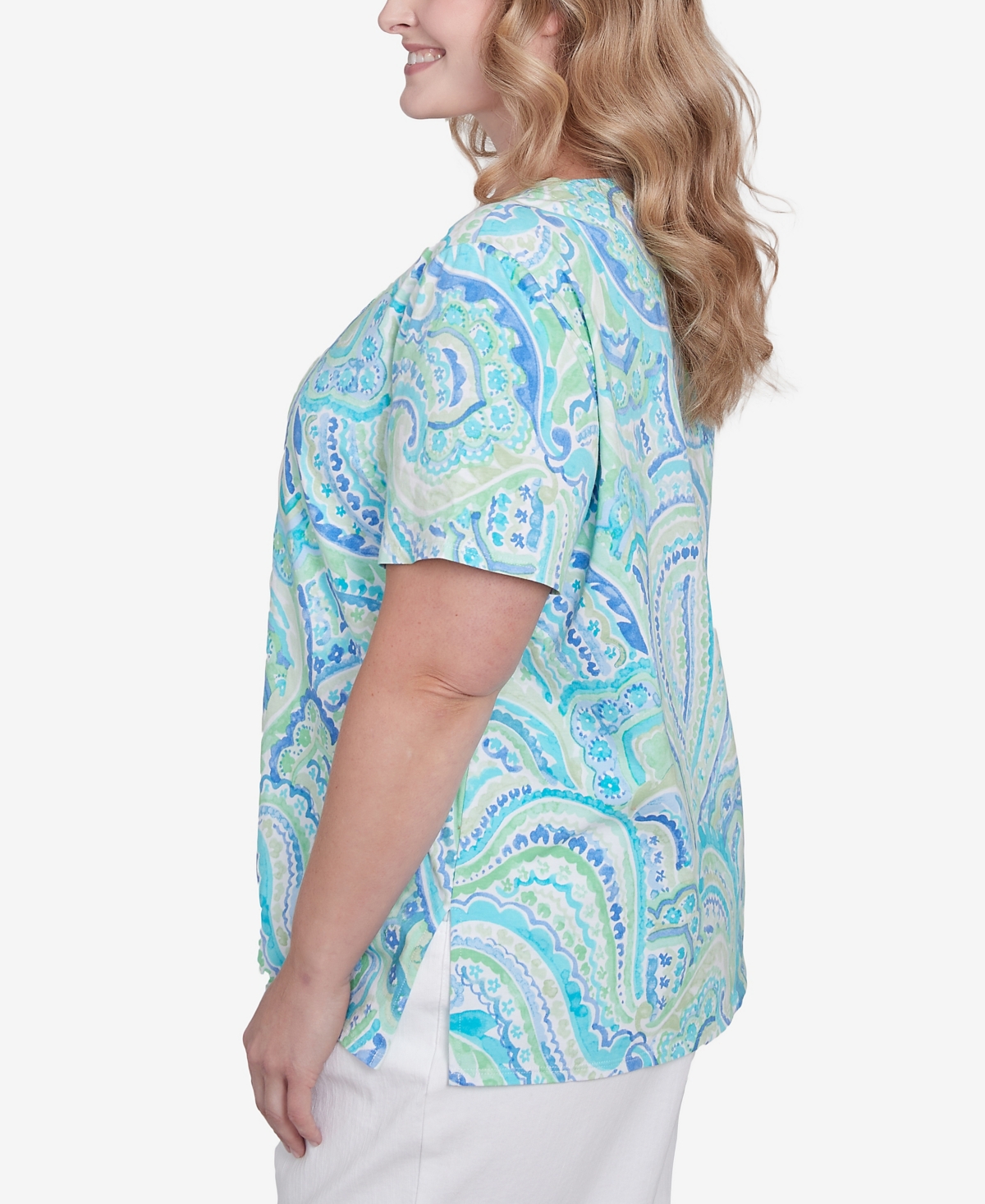 Alfred Dunner Plus Size Pleated Crew Neck Paisley Top In Multi Blue