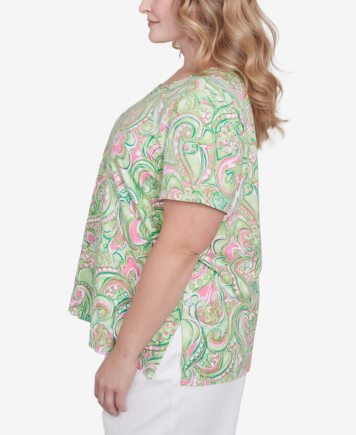 Alfred Dunner Plus Size Abstract Scroll Crew Neck Top In Green
