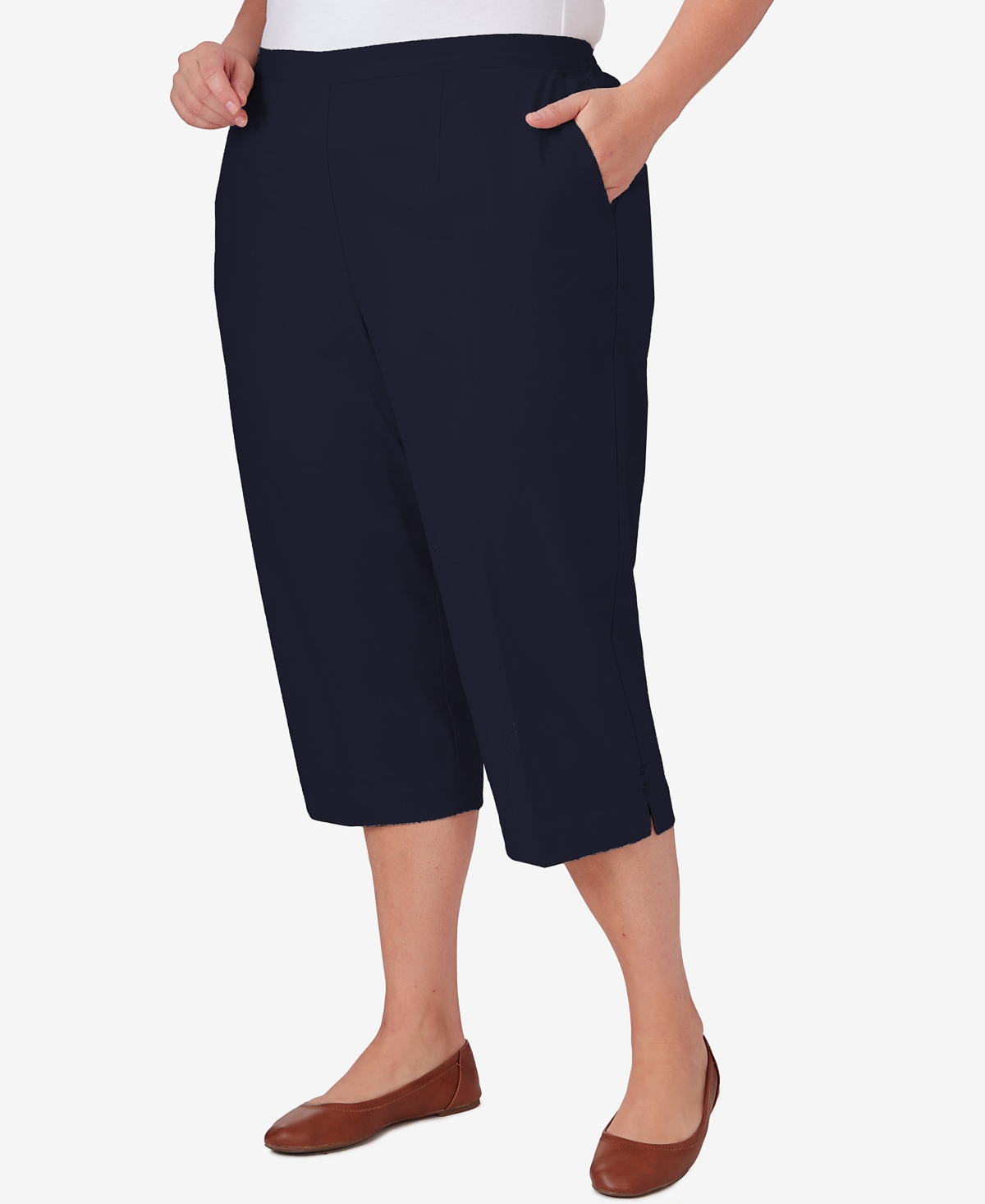 Alfred Dunner Plus Size Classic Stretch Waist Accord Capri Pants With Button Hem In Navy