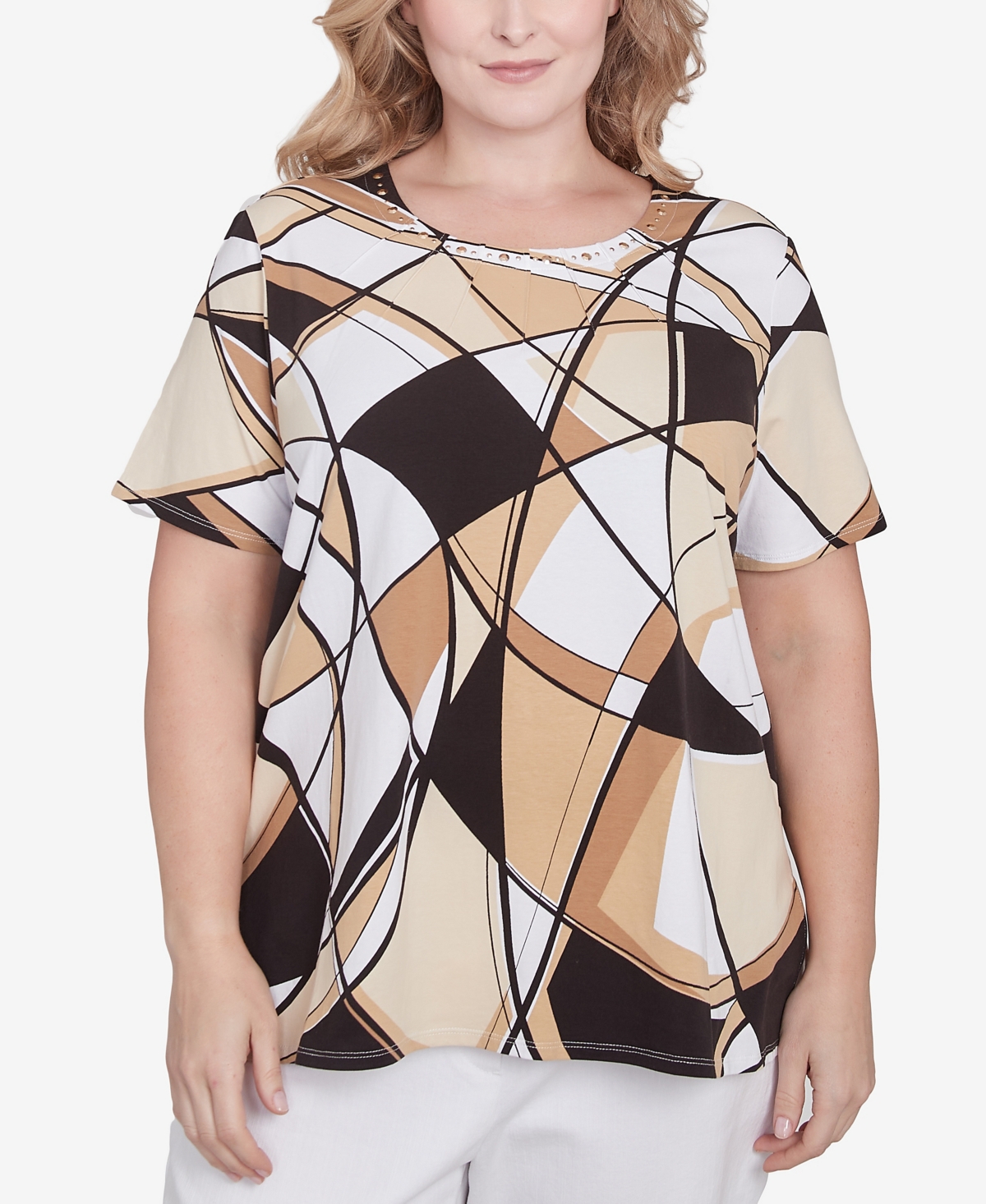 Alfred Dunner Plus Size Geometric Top With Detailed Neckline In Black,tan