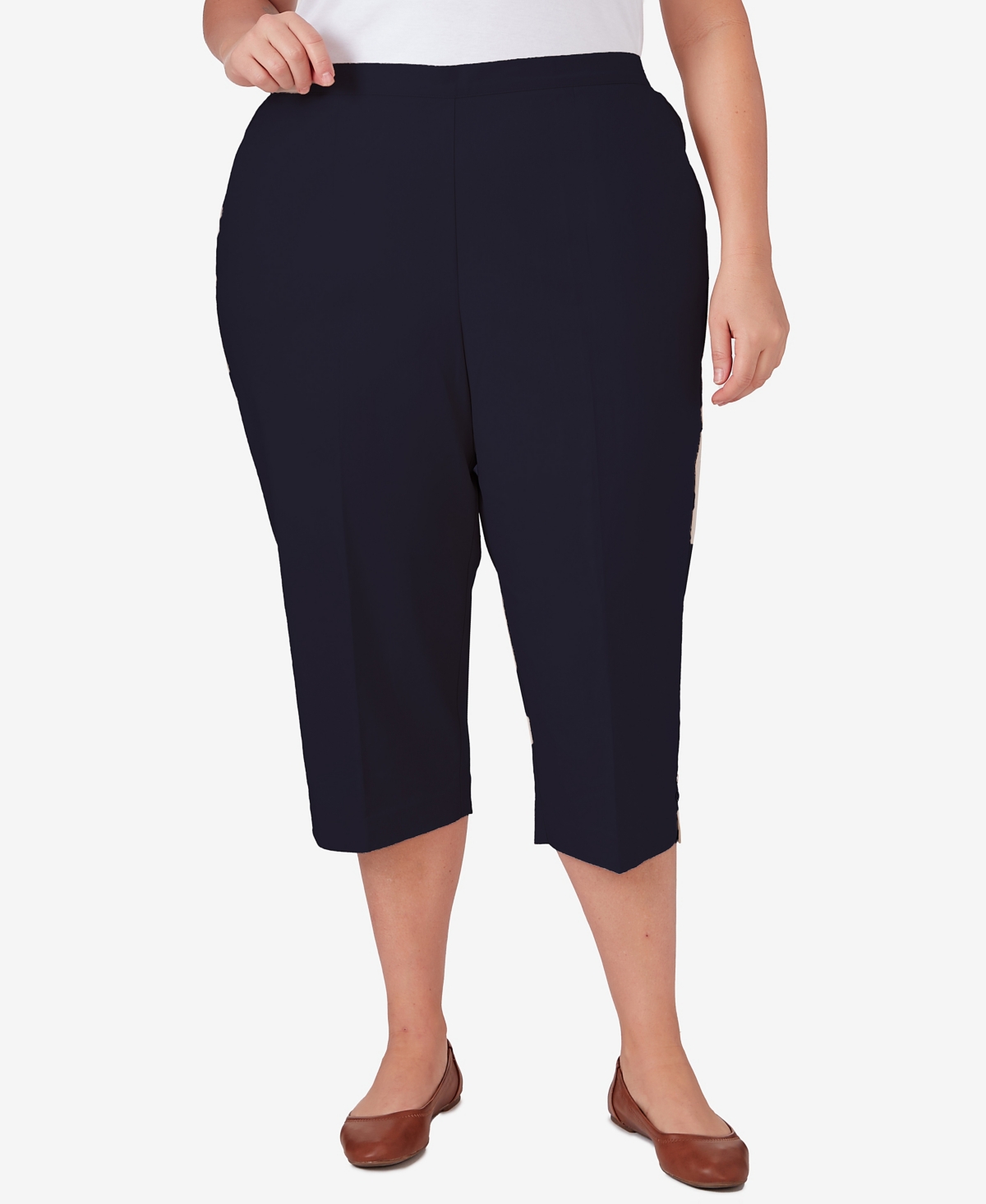 Alfred Dunner Plus Size Classic Stretch Waist Accord Capri Pants With Button Hem In Navy