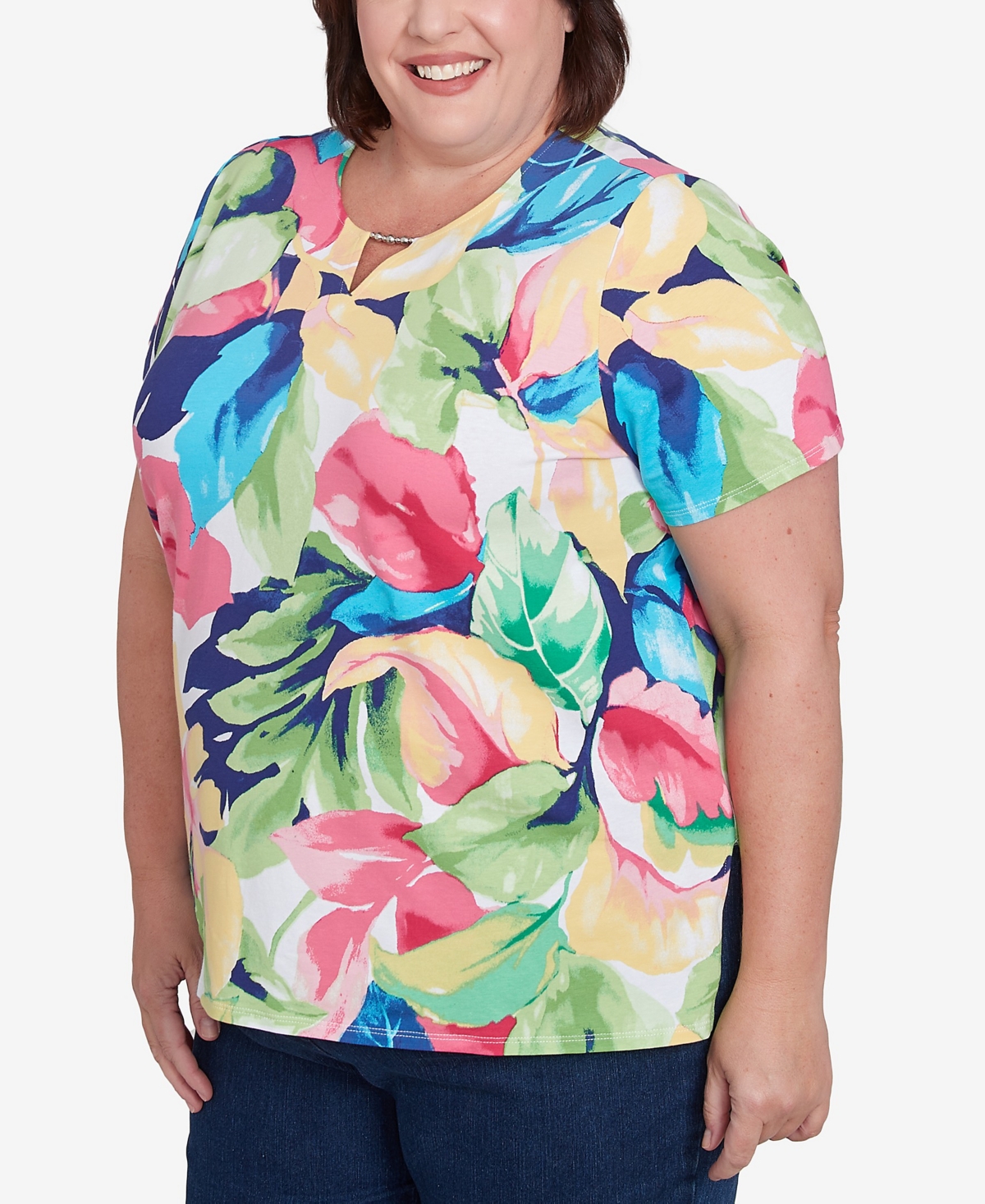 Alfred Dunner Plus Size Tropical Leaf Split Beaded Neck Top In Bright