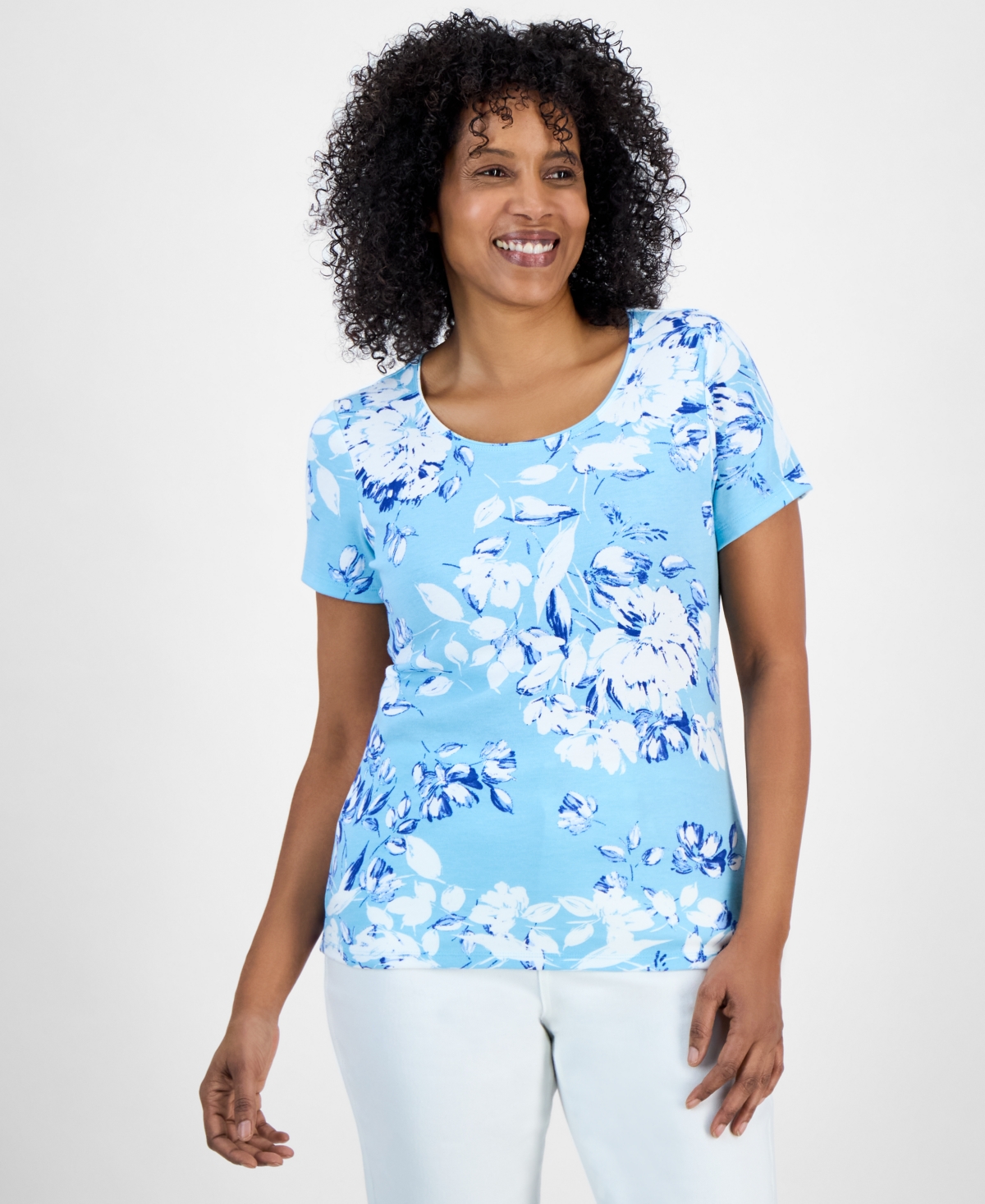 Petite Floral-Print Scoop-Neck Short-Sleeve Knit Top, Exclusively at Macy's - Alice Aqua
