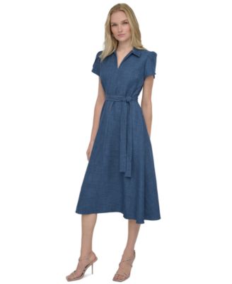 DKNY - Women's Split-Neck Tulip-Sleeve Belted Dress