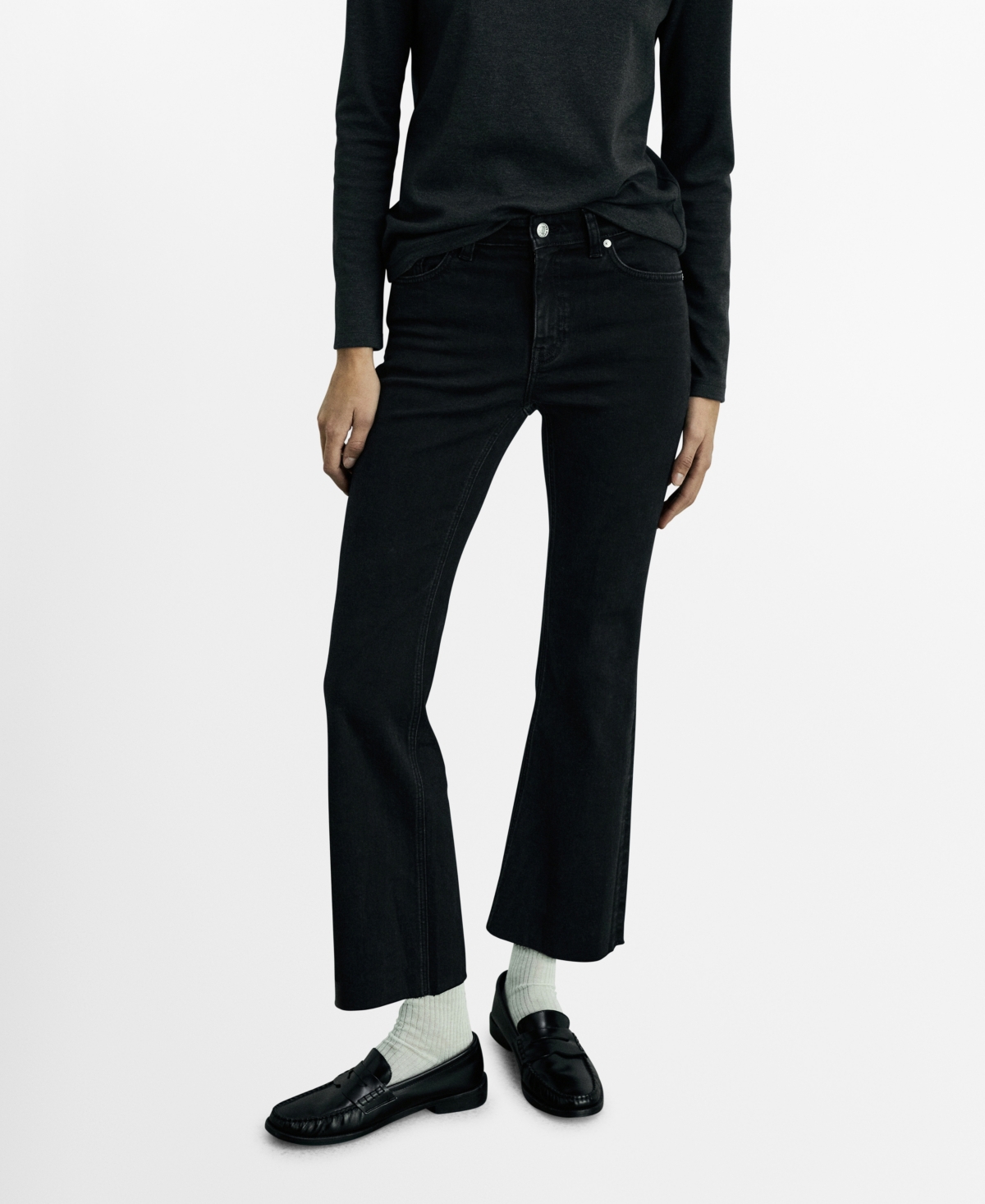 Shop Mango Women's Crop Flared Jeans In Black Denim
