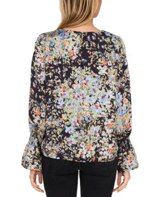Women's Floral Print Smocked Cuff Blouse