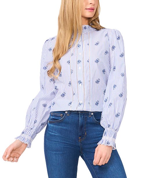 alfani CeCe Women's Cotton Ruffle-Collar Lace-Detail Button-Up Blouse Women's Fashion Shoes & Accessories