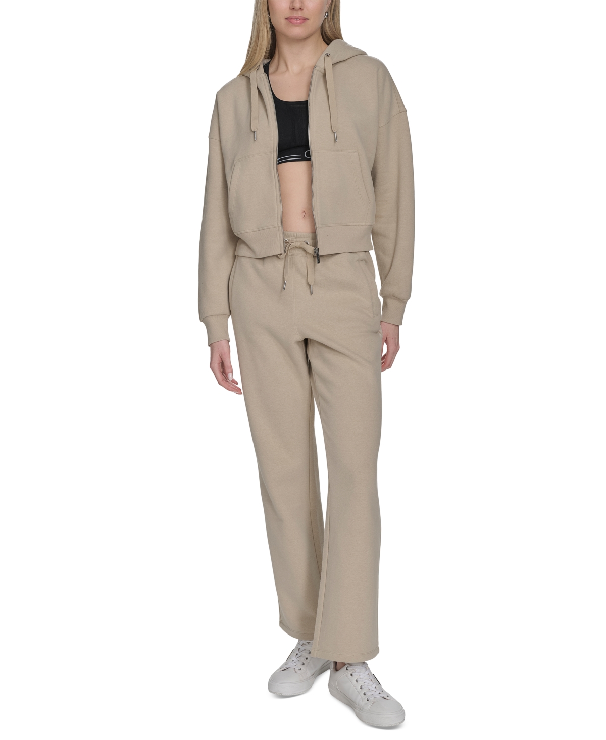 Shop Calvin Klein Women's Fleece Crop Zip-front Long-sleeve Hoodie In White Pepper