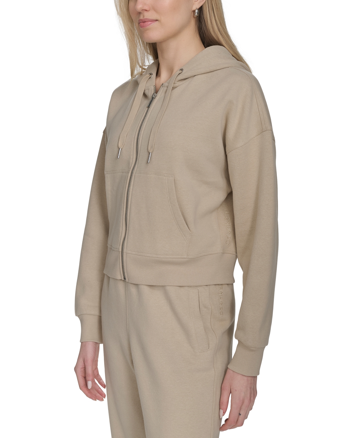 Shop Calvin Klein Women's Fleece Crop Zip-front Long-sleeve Hoodie In White Pepper