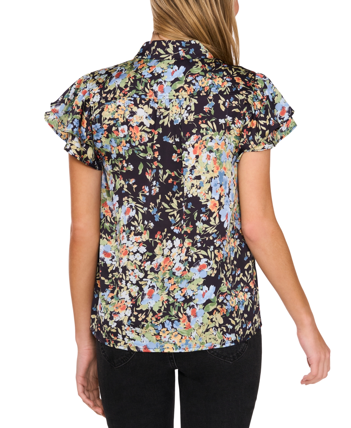 CECE WOMEN'S PRINTED FLUTTER-SLEEVE HIDDEN-PLACKET BLOUSE 