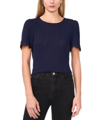 CeCe - Women's Scalloped-Cuff Lace-Trim Round-Neck Top