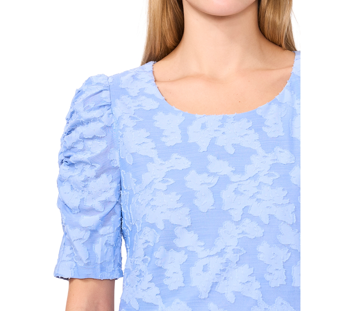 Shop Cece Women's Round-neck Ruched Elbow-sleeve Top In Vista Blue