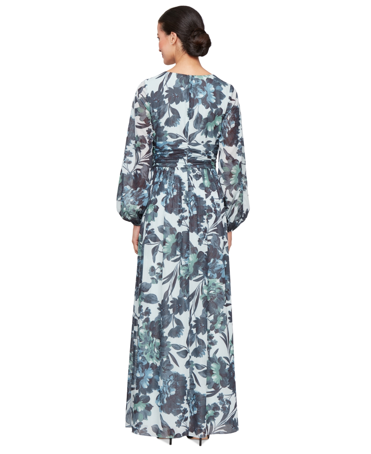 Shop Sl Fashions Petite Floral-print Blouson-sleeve Gown In Blk Multi