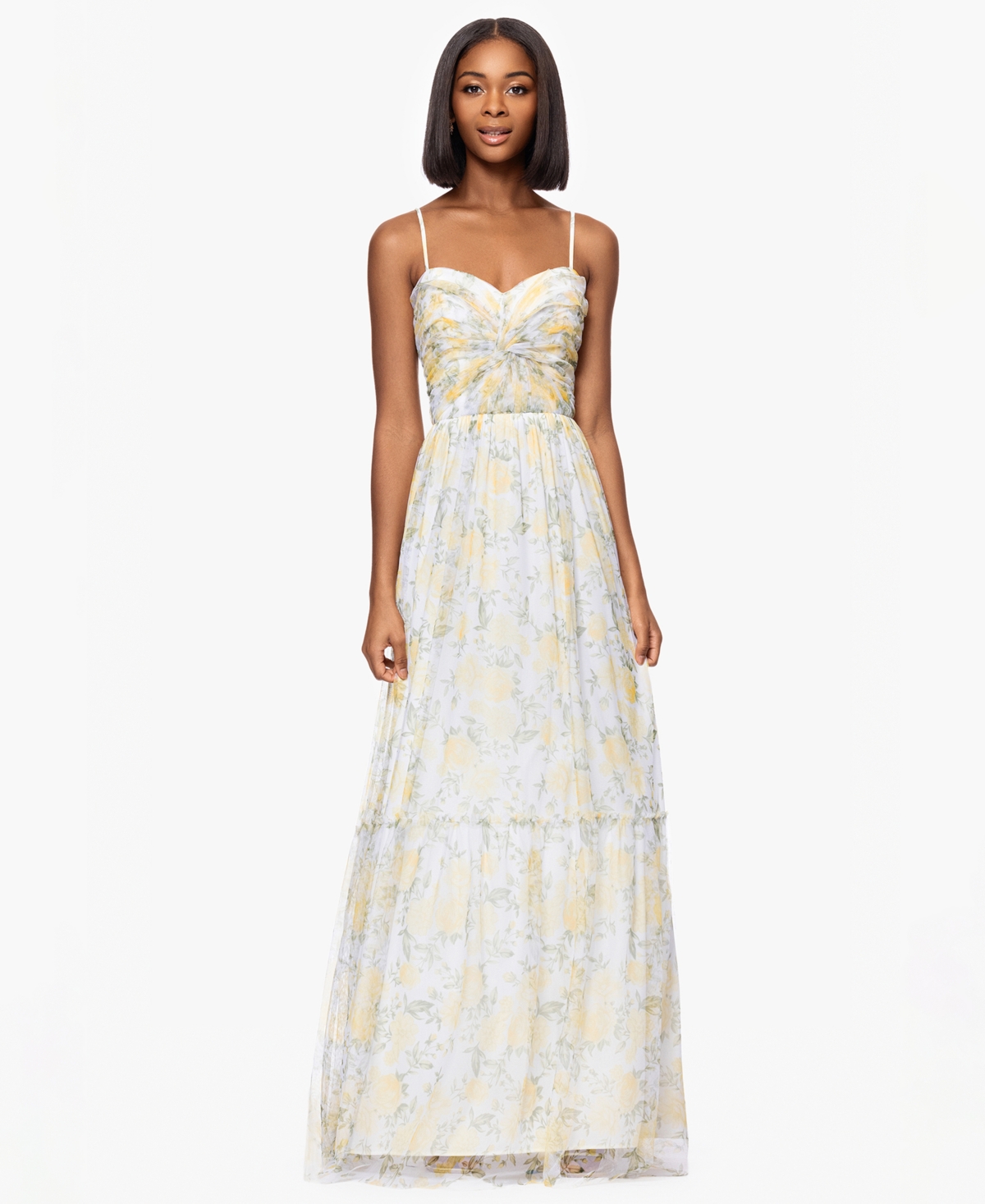Juniors' Glitter Floral Sweetheart-Neck Gown - Yellow Multi