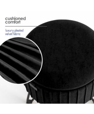Pleated Velvet Round Ottoman with Storage – Modern Foot Stool, Makeup Vanity Stool, Small Ottoman Foot Rest