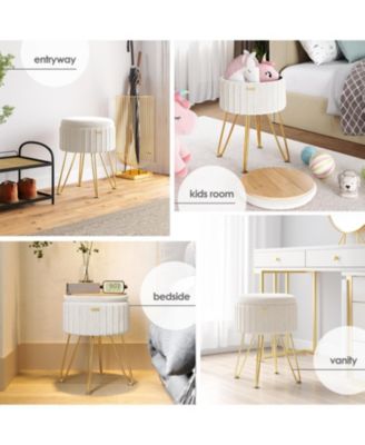 Pleated Velvet Round Ottoman with Storage – Modern Foot Stool, Makeup Vanity Stool, Small Ottoman Foot Rest