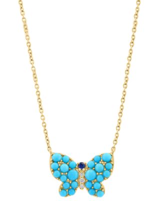 EFFY&reg; Turquoise, Sapphire Accent, & Diamond Accent Butterfly Pendant Necklace in 14k Gold, 17" + 1" extender