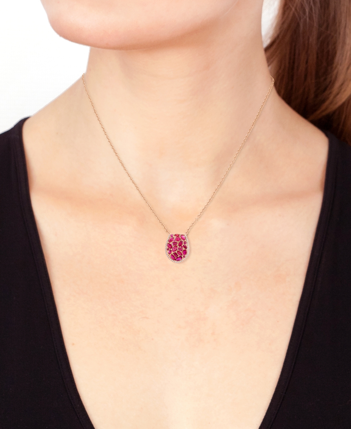 EFFY COLLECTION EFFY RUBY (2-1/2 CT. T.W.) & DIAMOND (1/6 CT. T.W.) MIXED CUT CLUSTER PENDANT NECKLACE IN 14K ROSE G 