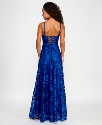 Juniors' Illusion-Corset Floral-Lace Gown
