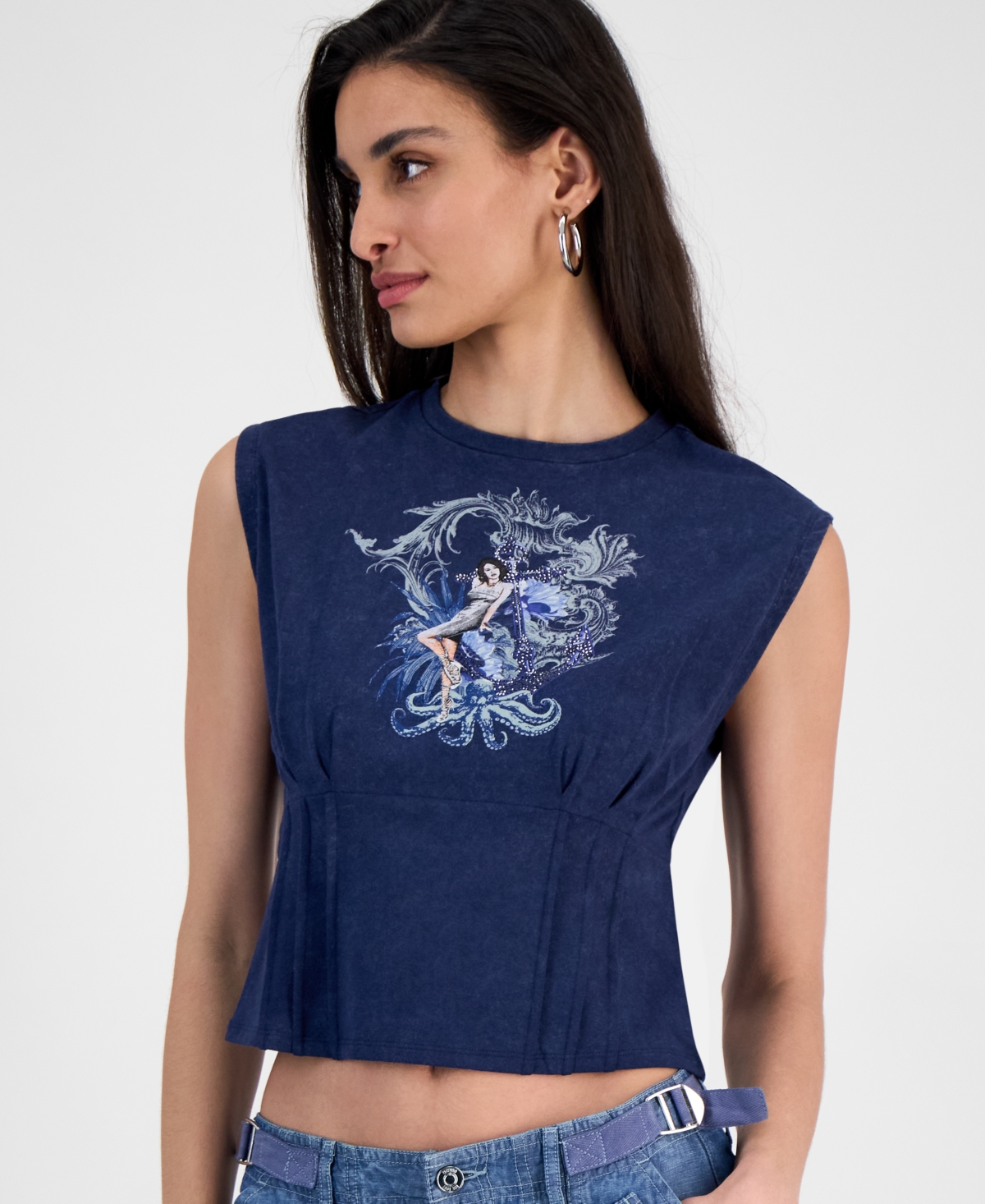 Guess Women's Nautical Or Nice Crewneck Corset Top In Blackened Blue Multi
