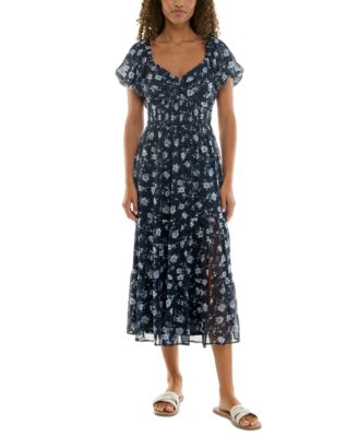 Trixxi - Juniors' Floral-Print Puff-Sleeve Midi Dress