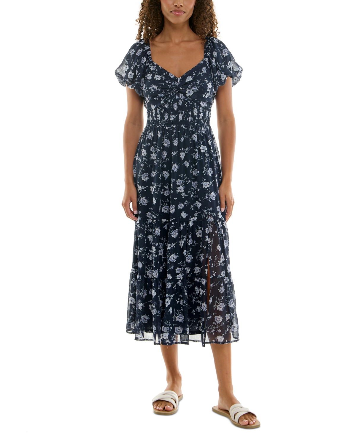Juniors' Floral-Print Puff-Sleeve Midi Dress - Dark Blue