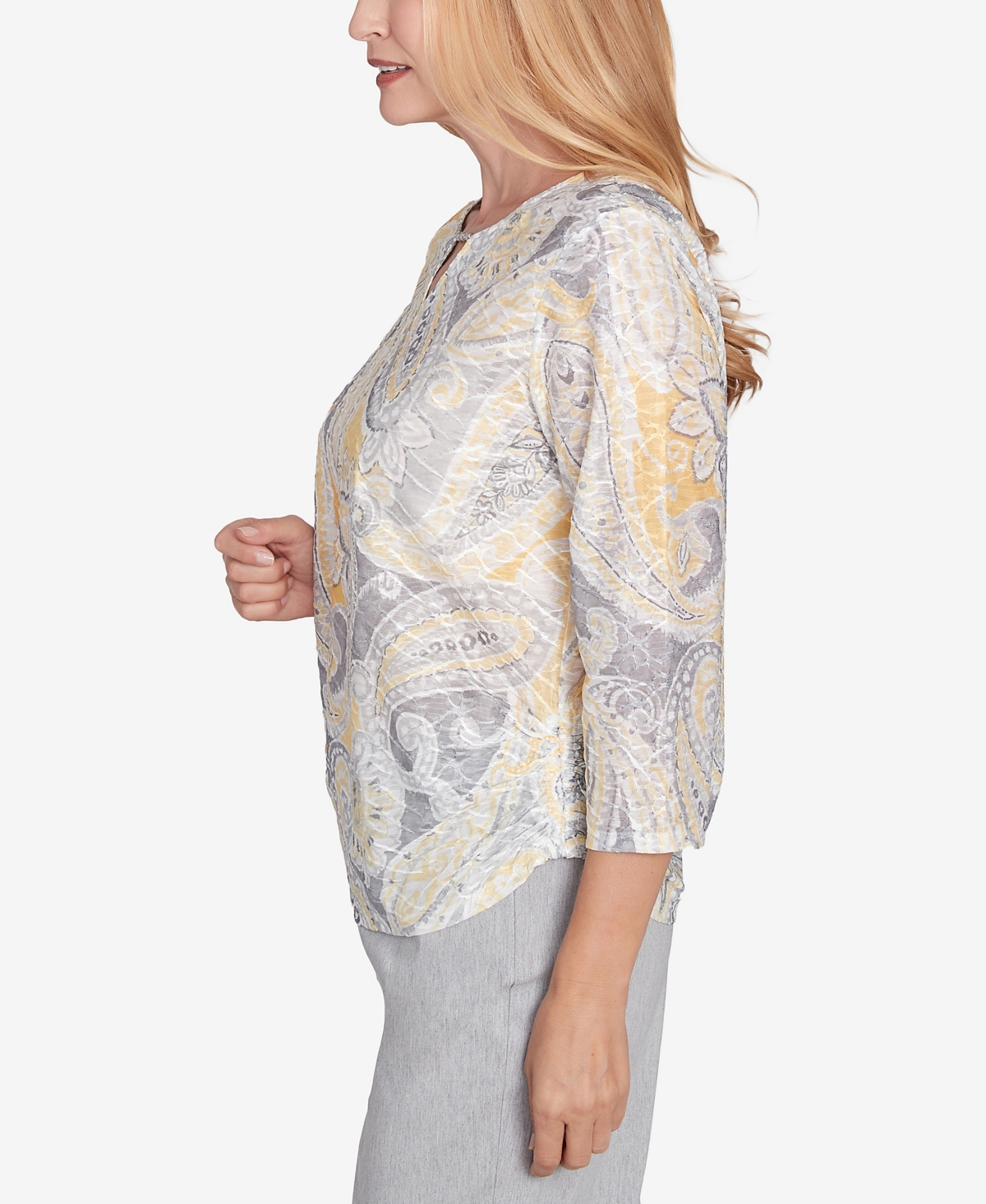 Alfred Dunner Petite Dress Code Textured Paisley Beaded Neck Top In Grey Multi