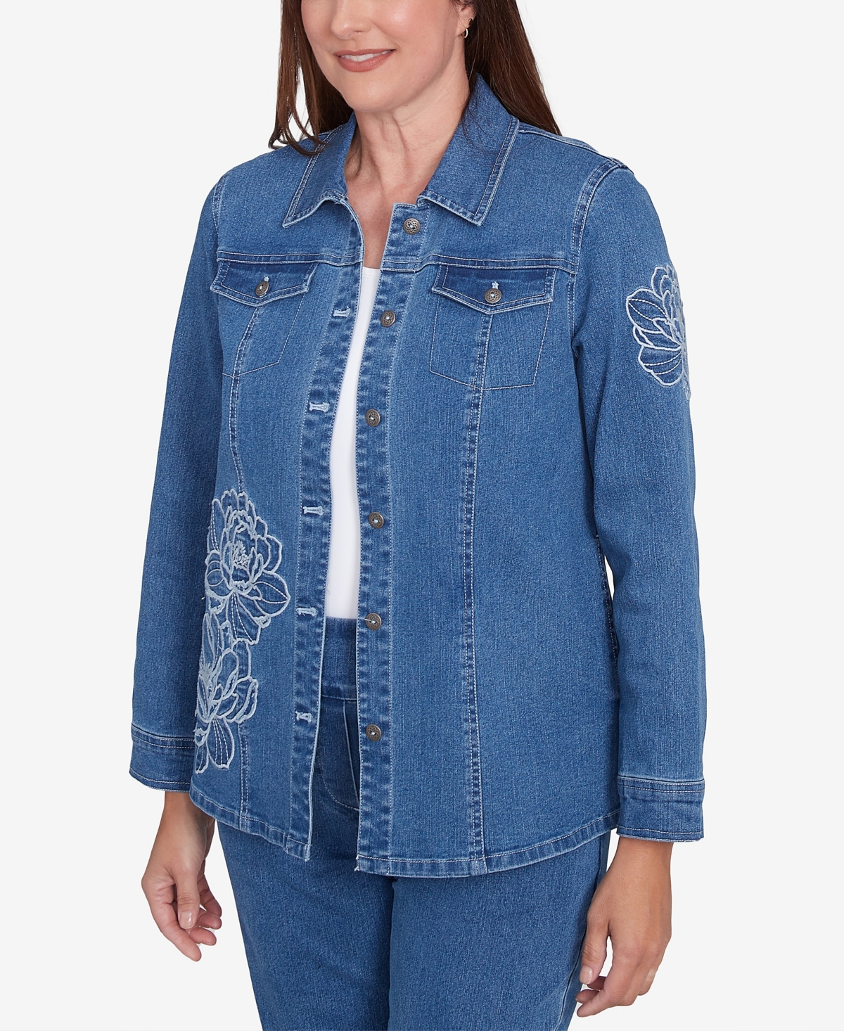 Alfred Dunner Petite Free Spirit Super Stretch Floral Denim Jacket In Medium Denim