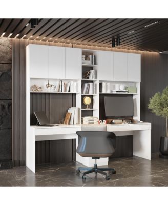 94.5 in. W Large 2 in. 1 Wood Double Computer Desk White Writing Desk  86.6 in. Tall Bookshelf, Drawers  Home Office