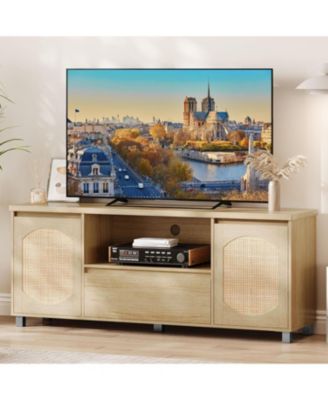 Rattan TV Stand for 65 Inch TV - Entertainment Center with Storage Drawer and Open Shelf Wood TV Stand Cabinet TV Media Console Cabinet Furniture for Living Room Bedroom