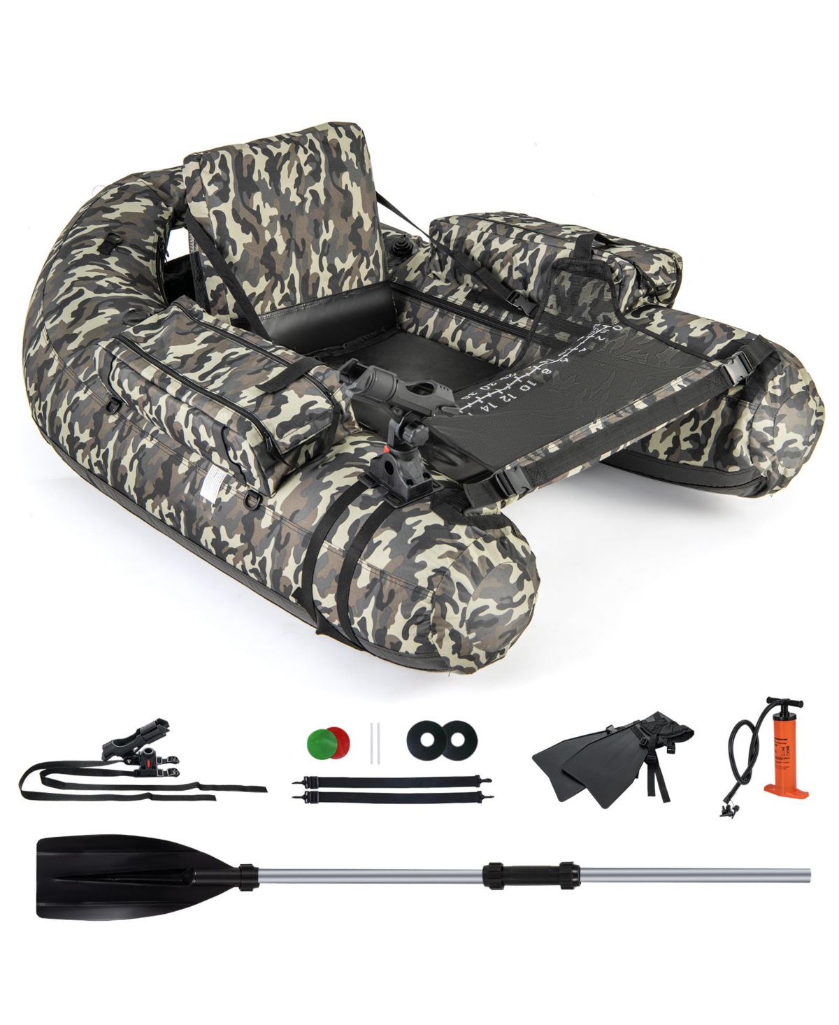 Inflatable Float Tube with Fish Ruler Rod Holder and Storage Pockets - Black