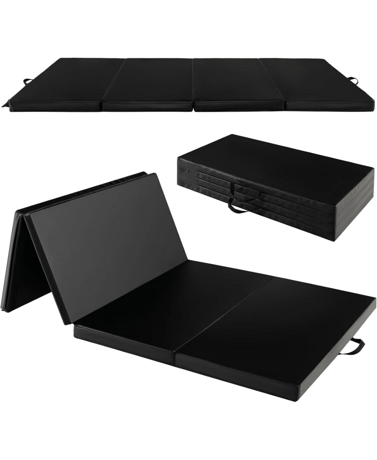 4-Panel Folding Gymnastics Mat with Carrying Handles for Home Gym - Black