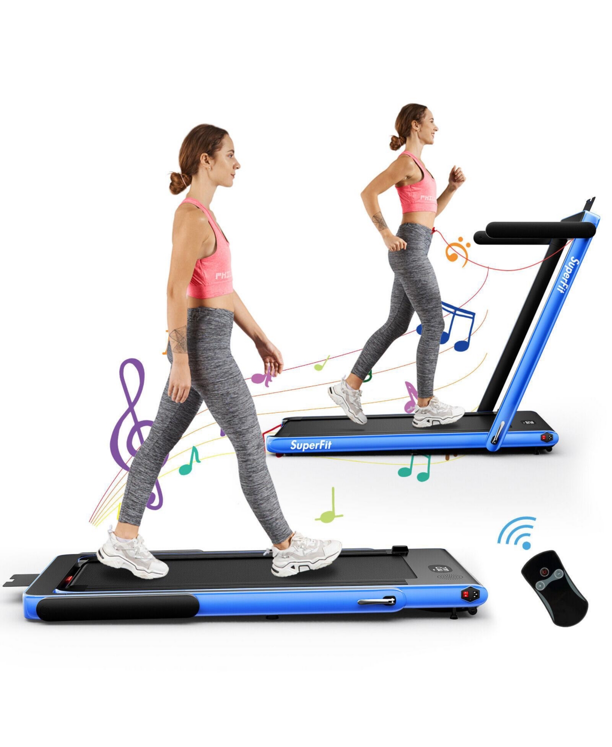 2.25HP 2 in 1 Folding Treadmill with App Speaker Remote Control - Blue