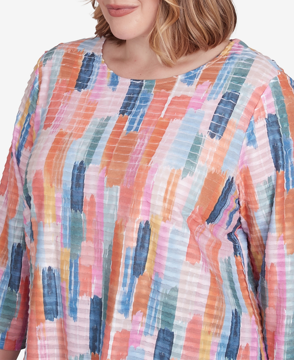 Alfred Dunner Plus Size Free Spirit Mini Ruffle Brushstroke Crew Neck Top In Multi