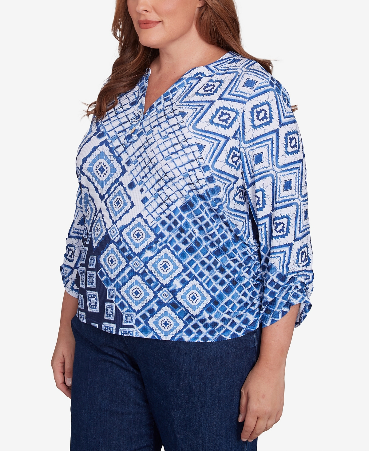 Alfred Dunner Plus Size Free Spirit Ikat Patched Geometric Top In Navy Multi