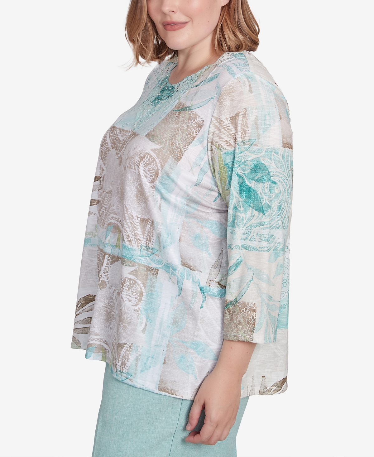 Alfred Dunner Plus Size Kensington Gardens Patchwork Leaves Textured Top In Neutral Multi