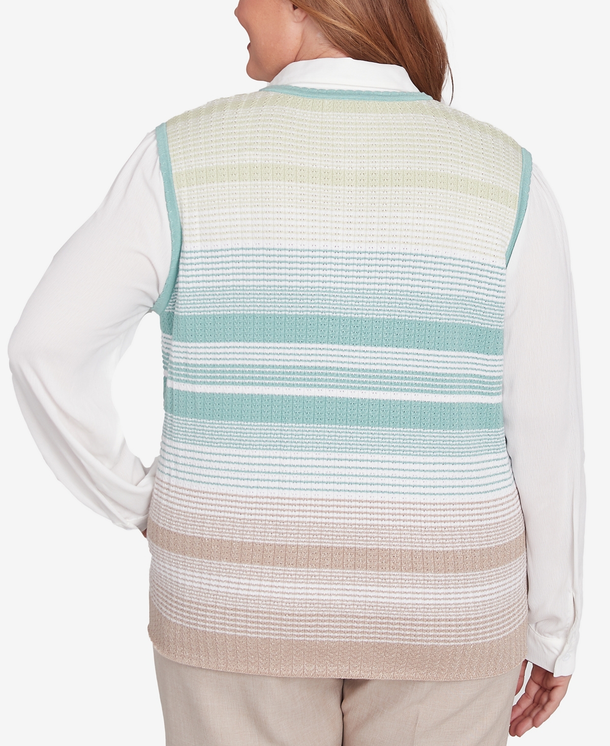 Alfred Dunner Plus Size Kensington Gardens Striped Vest Collared Two In One Sweater With Necklace In Neutral Multi