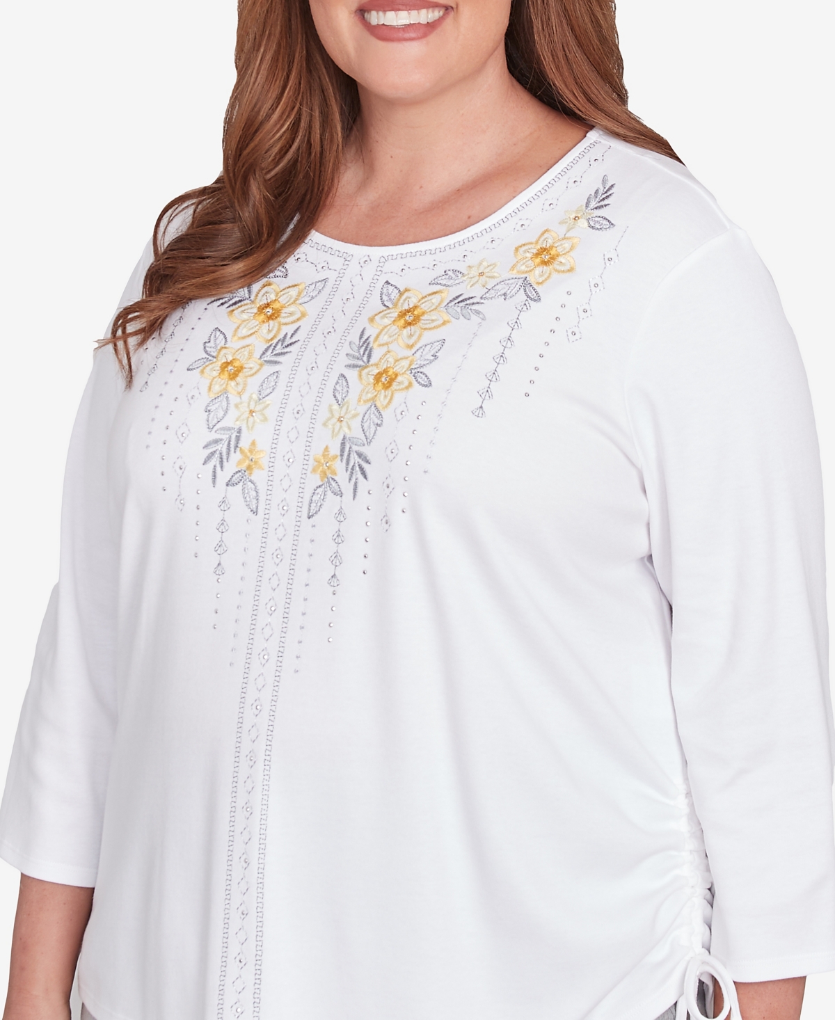 Alfred Dunner Plus Size Dress Code Linear Knit Floral Embroidered Crew Neck Top In White