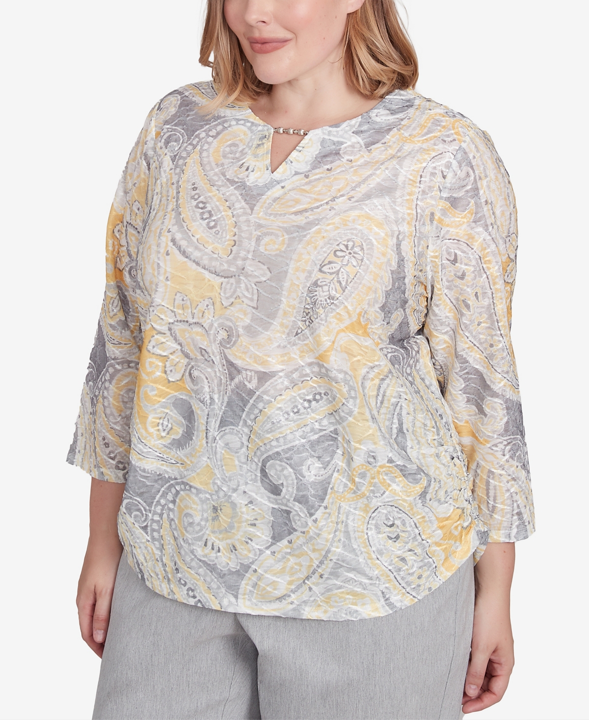 Alfred Dunner Plus Size Dress Code Textured Paisley Beaded Neck Top In Grey Multi