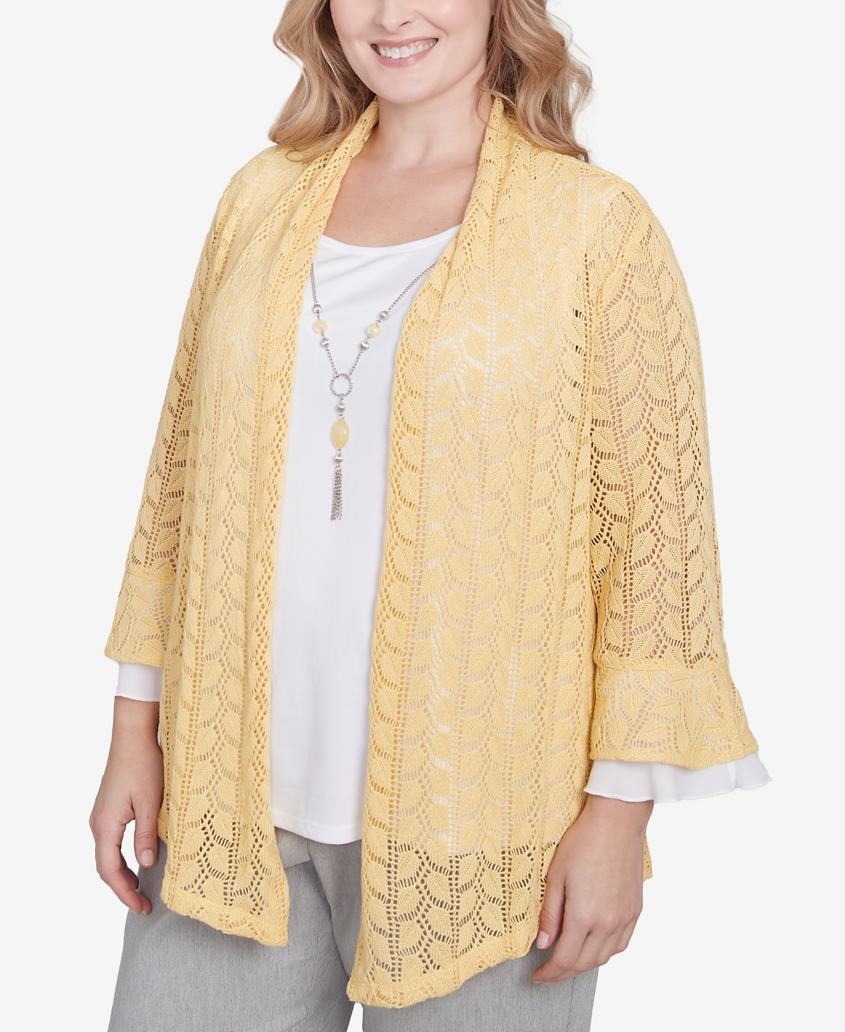 Alfred Dunner Plus Size Dress Code Two In One Pointelle Knit Top With Necklace In Buttercup