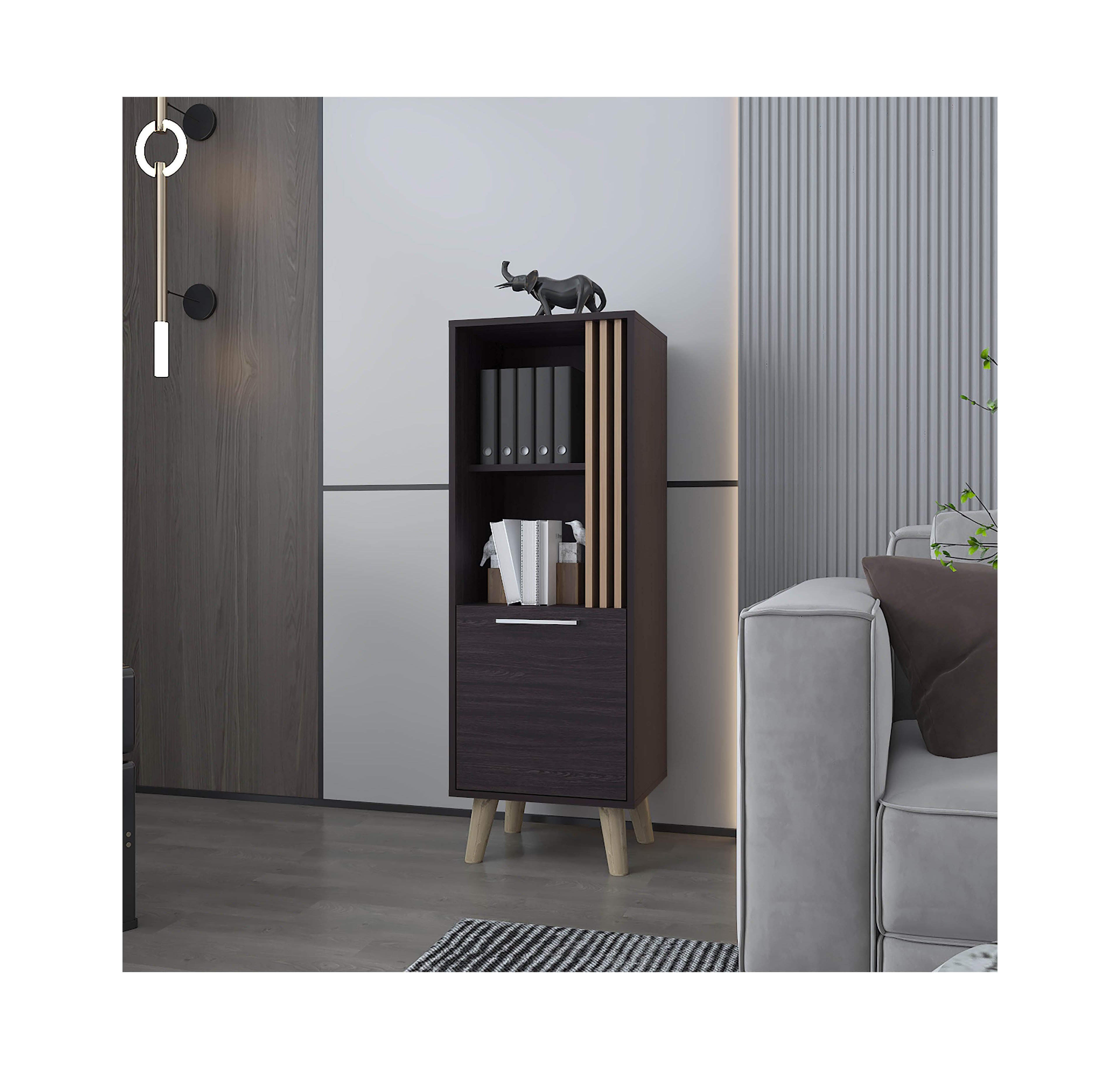 Fm Furniture Ac Chin Storage Cabinet with a Door and Open Storage, Wengue + Natural Oak