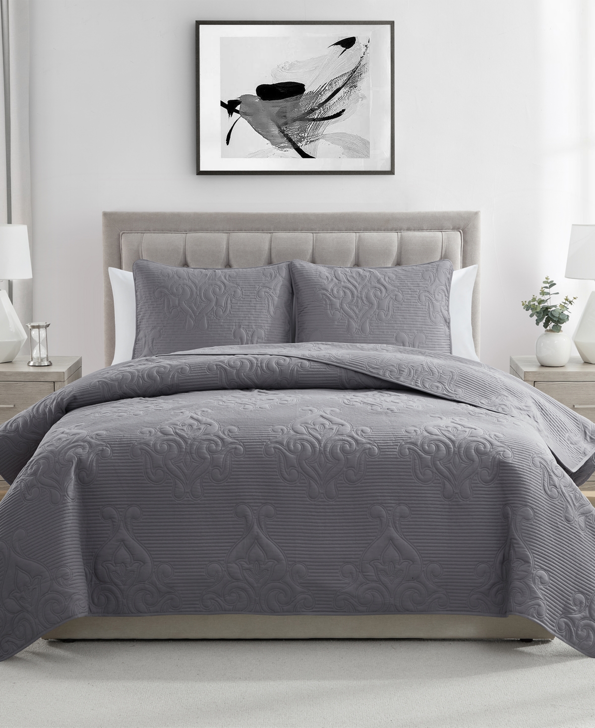 Vcny Home Solomun Pinsonic Damask 3-pc. Quilt Set, Full/queen In Gray