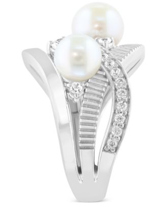 EFFY&reg; Cultured Freshwater Pearl (6 & 7mm) & Zircon (5/8 ct. t.w.) Crossover Statement Ring in Sterling Silver