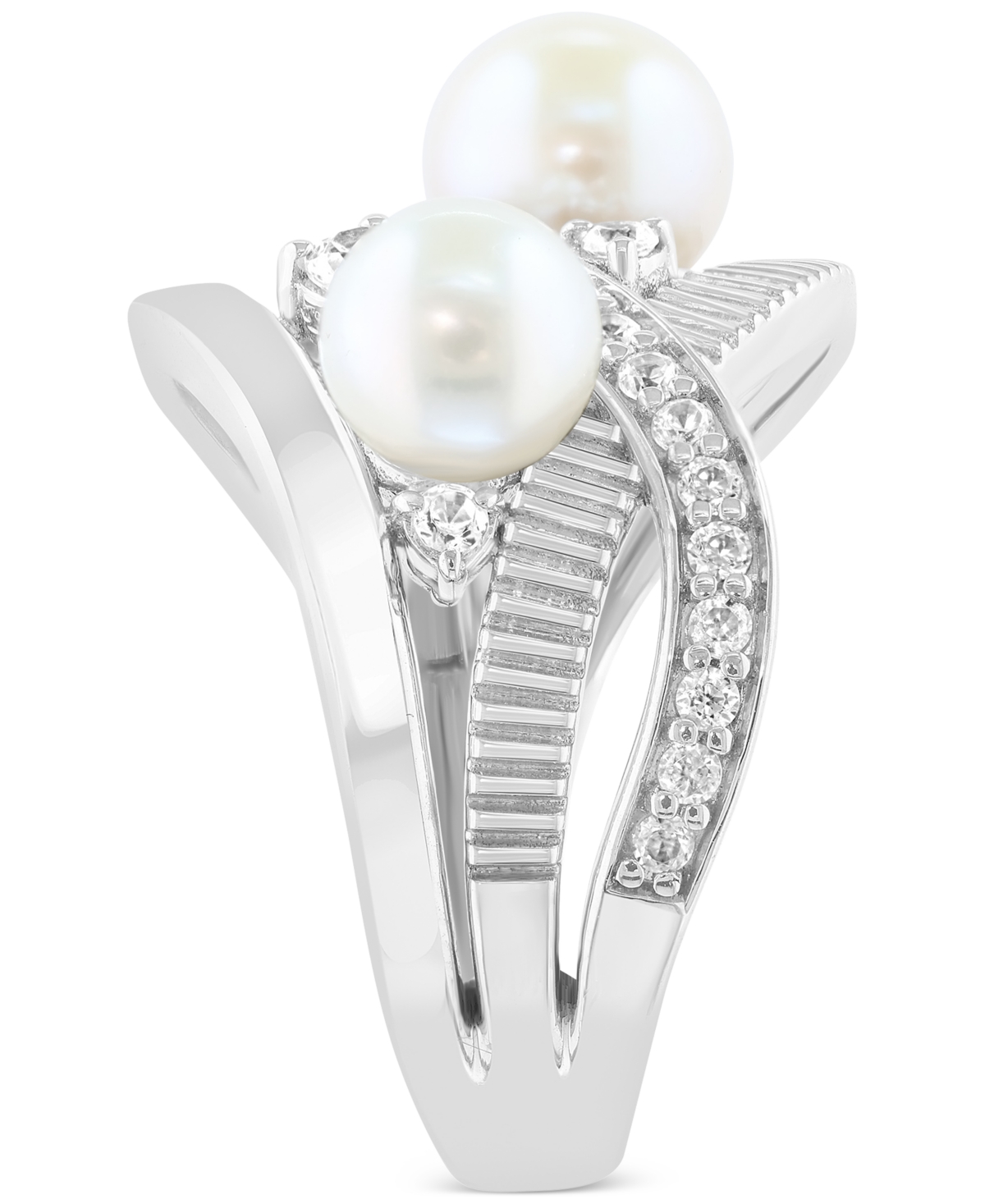 Effy Collection Effy Cultured Freshwater Pearl (6 & 7mm) & Zircon (5/8 Ct. T.w.) Crossover Statement Ring In Sterlin In Sterling Silver