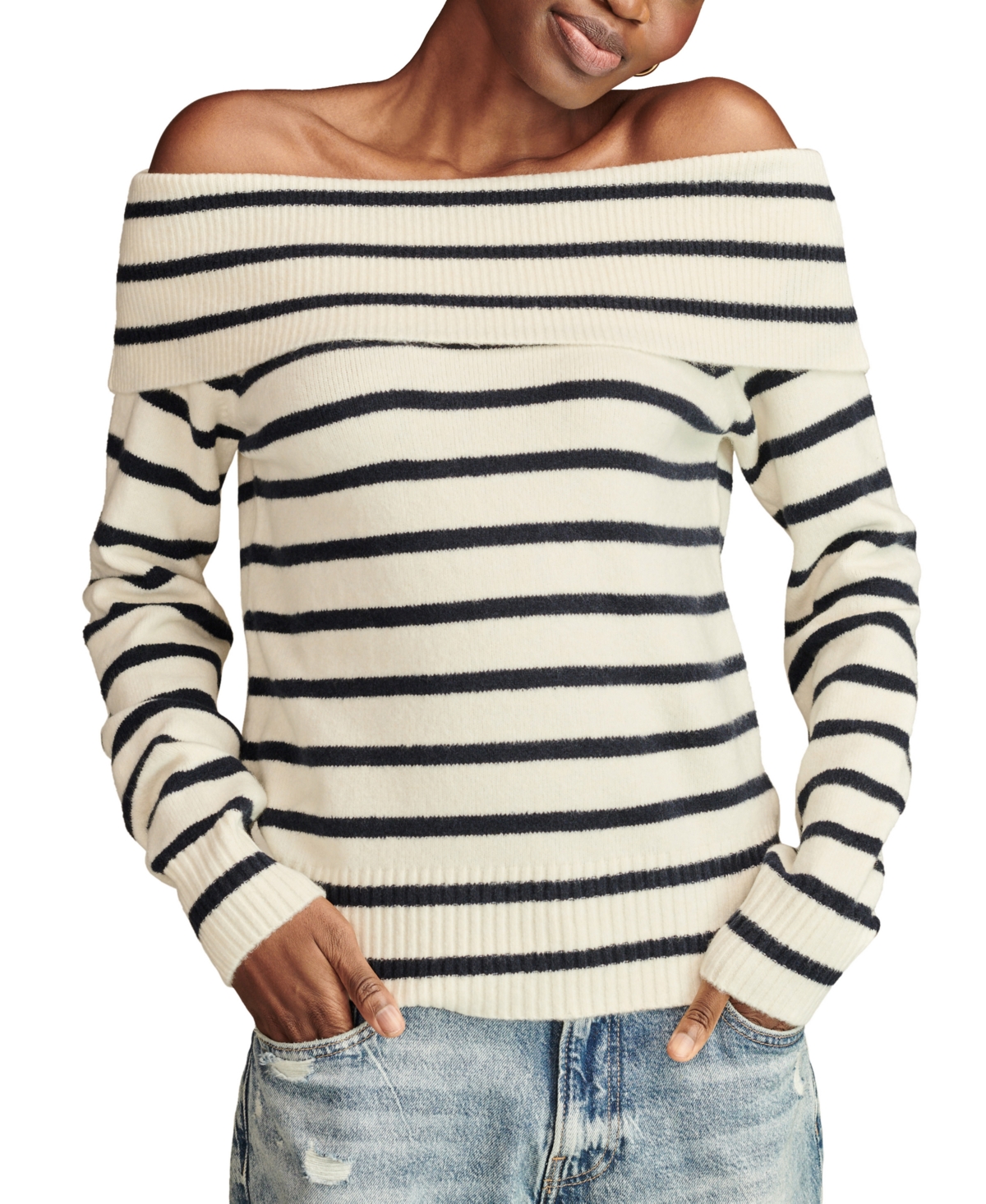 Lucky Brand Women's Off-the-shoulder Long-sleeve Sweater In Cadet Navy,tofu